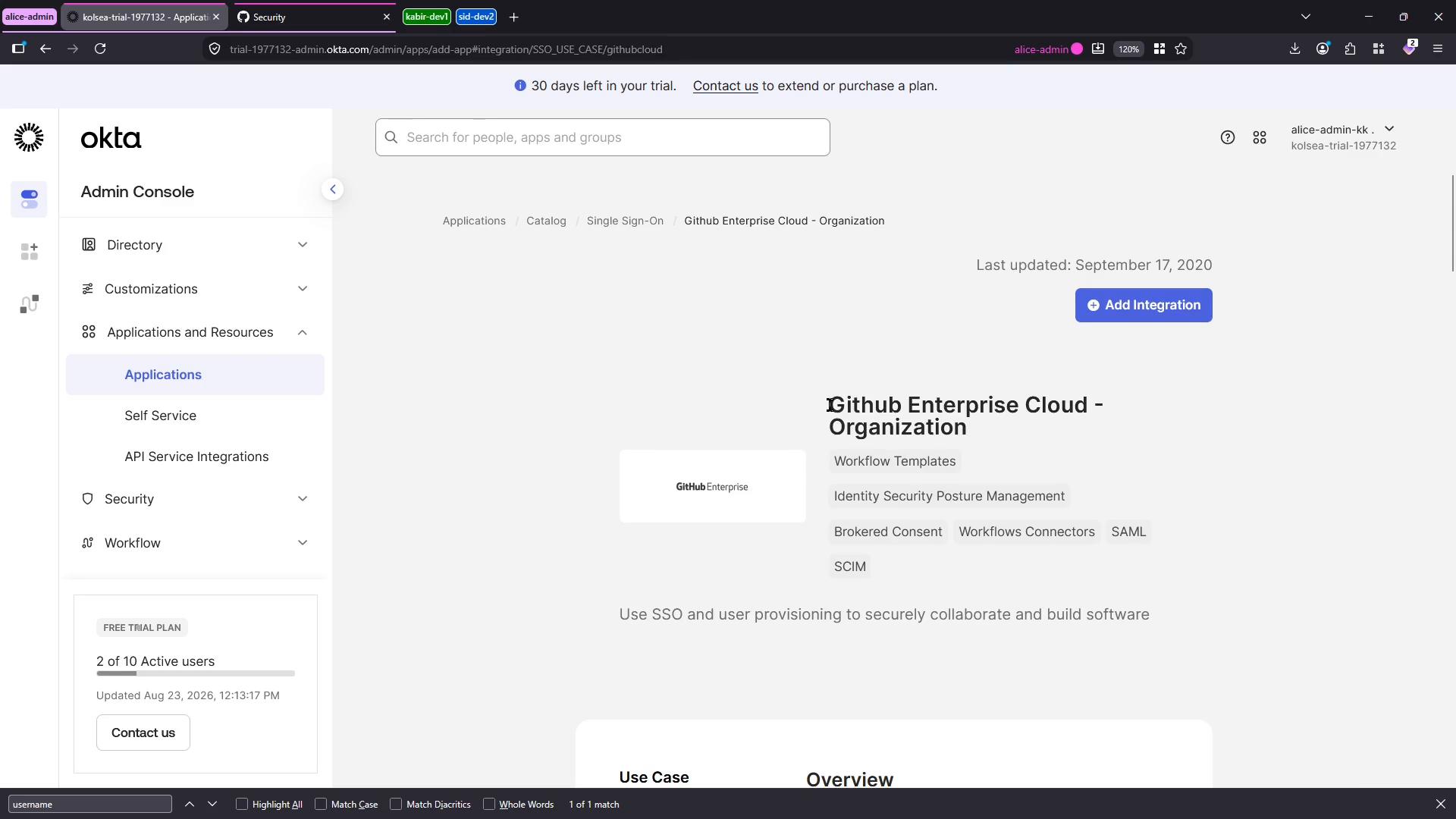 A screenshot of the Okta Admin Console showing the Applications section, with details for "GitHub Enterprise Cloud - Organization" and a blue "Add Integration" button. The left sidebar shows navigation items like Directory, Customizations, Applications, Security and Workflow.