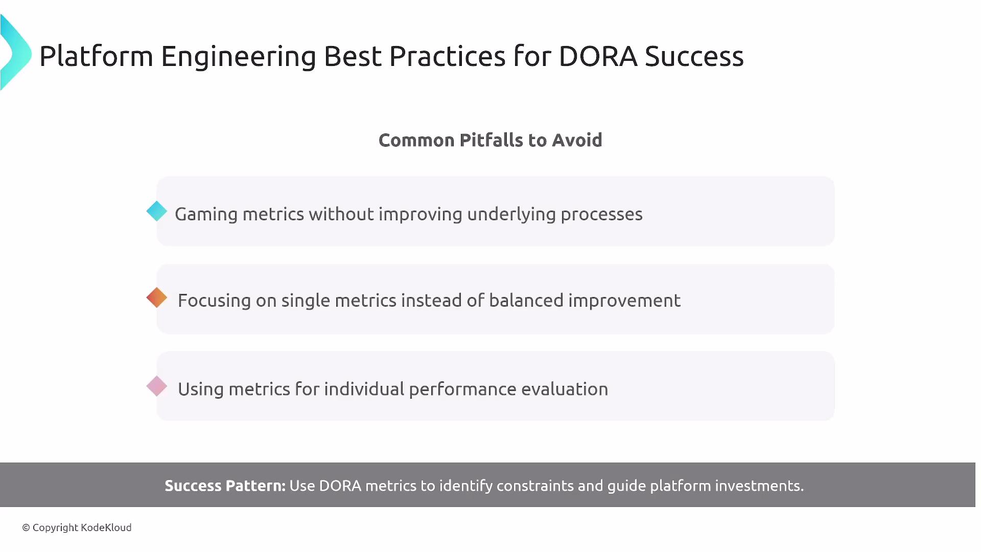 The image lists common pitfalls to avoid for DORA success in platform engineering, such as gaming metrics without improvement, focusing on single metrics, and using metrics for individual evaluation. It suggests using DORA metrics to guide platform investments.