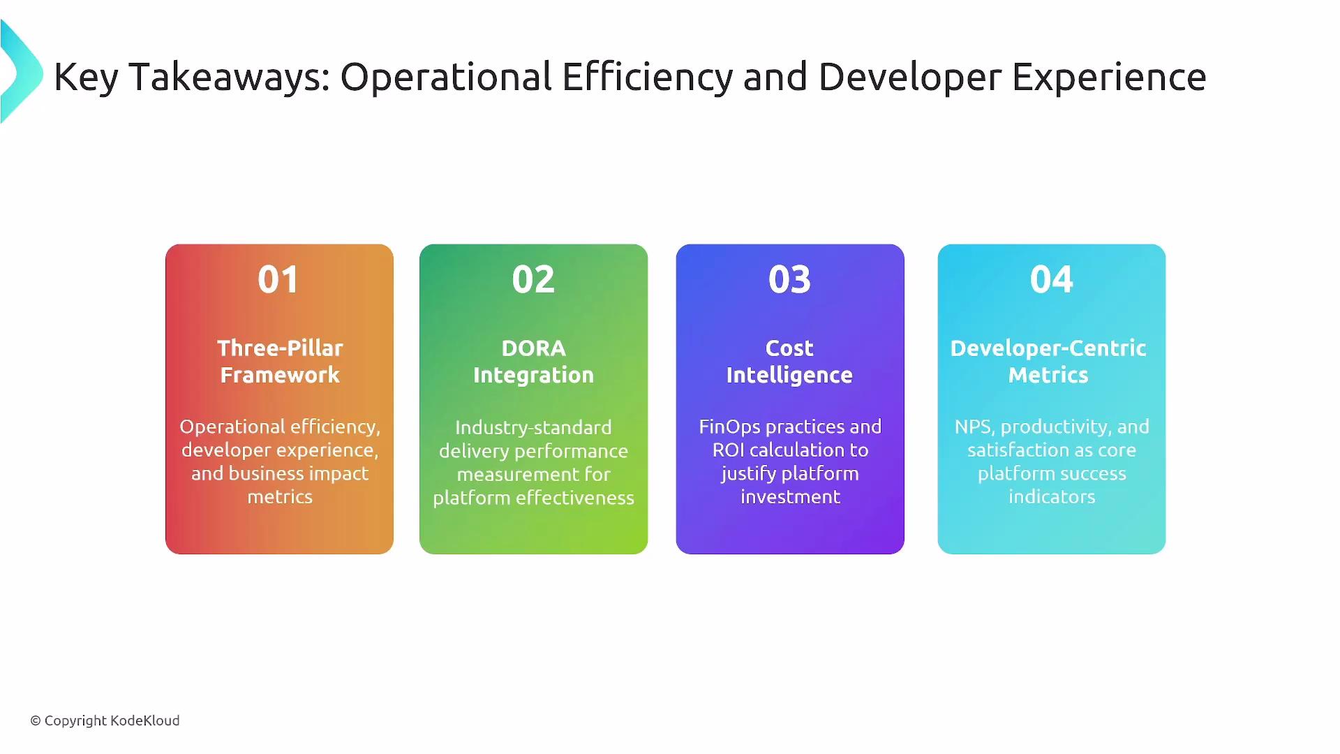 The image outlines four key takeaways for operational efficiency and developer experience: a three-pillar framework, DORA integration, cost intelligence, and developer-centric metrics.