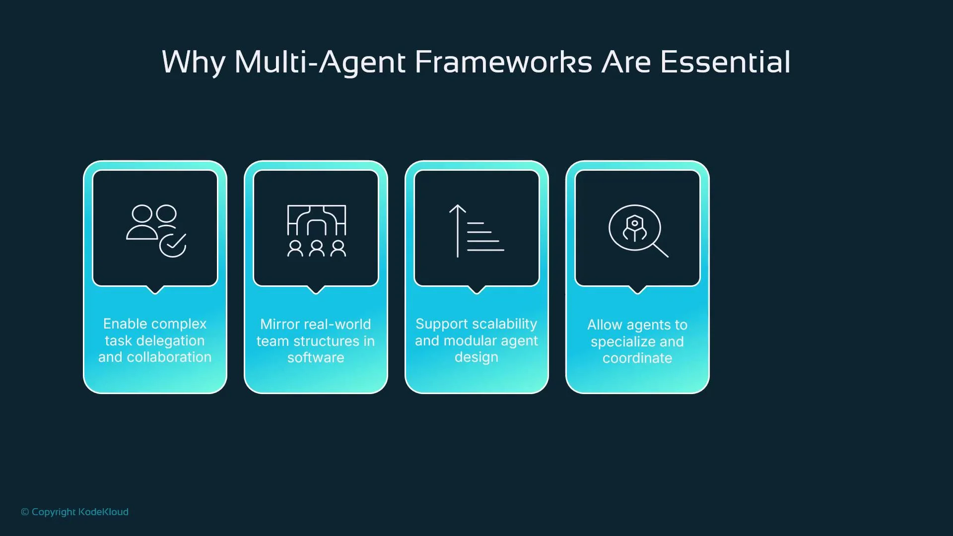 The image lists reasons why multi-agent frameworks are essential, highlighting task delegation, team structure mirroring, scalability, and agent specialization.