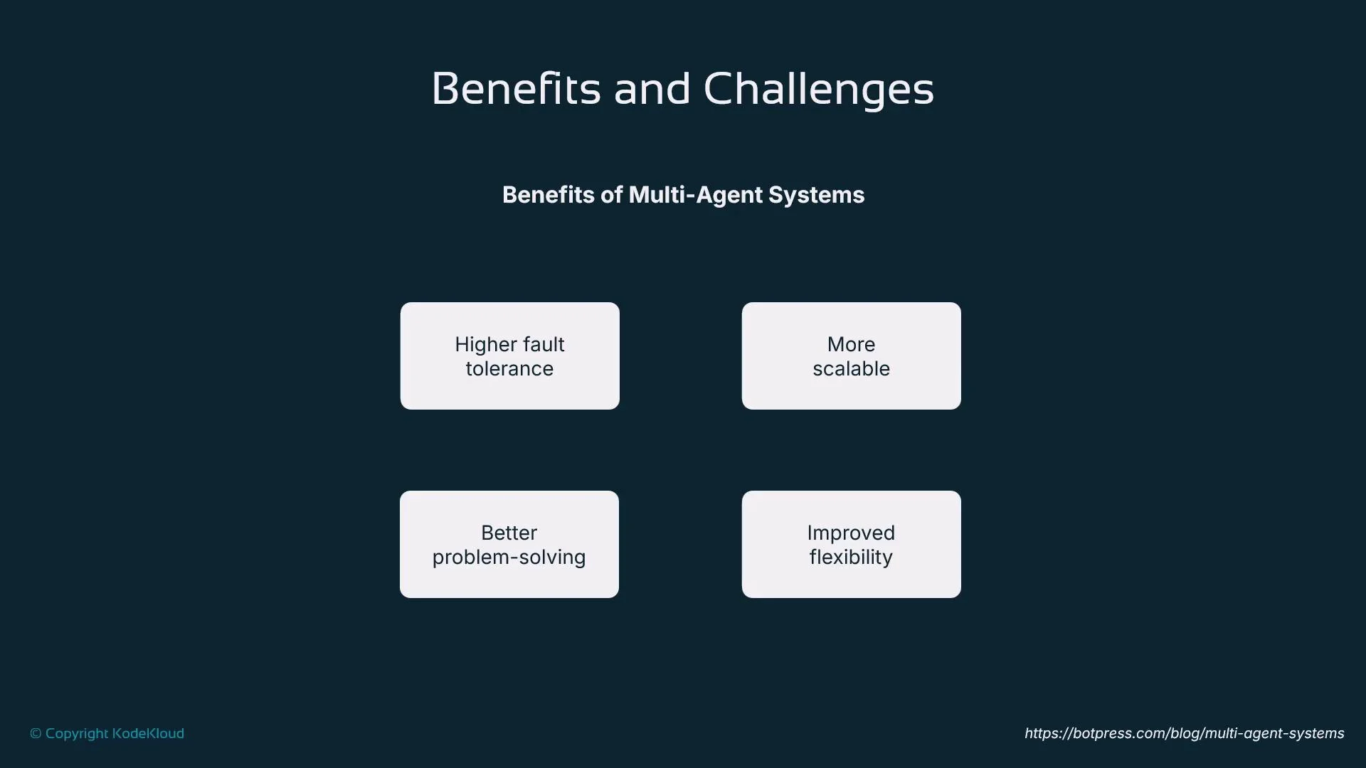 The image outlines the benefits of multi-agent systems, highlighting four aspects: higher fault tolerance, more scalability, better problem-solving, and improved flexibility.