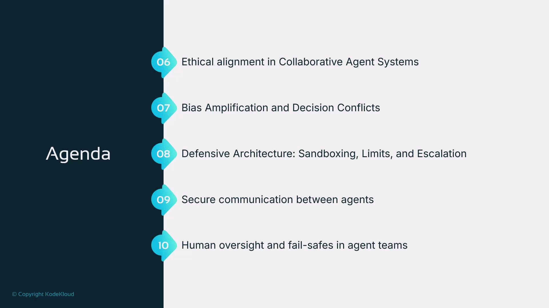 The image displays an agenda list with topics related to collaborative agent systems, including ethical alignment, bias amplification, defensive architecture, secure communication, and human oversight.
