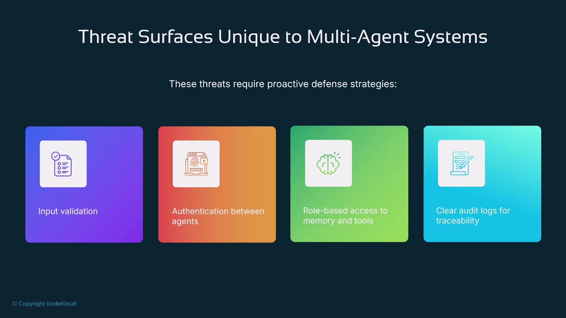 The image highlights four threat surfaces unique to multi-agent systems, including input validation, authentication between agents, role-based access, and clear audit logs. These threats need proactive defense strategies.