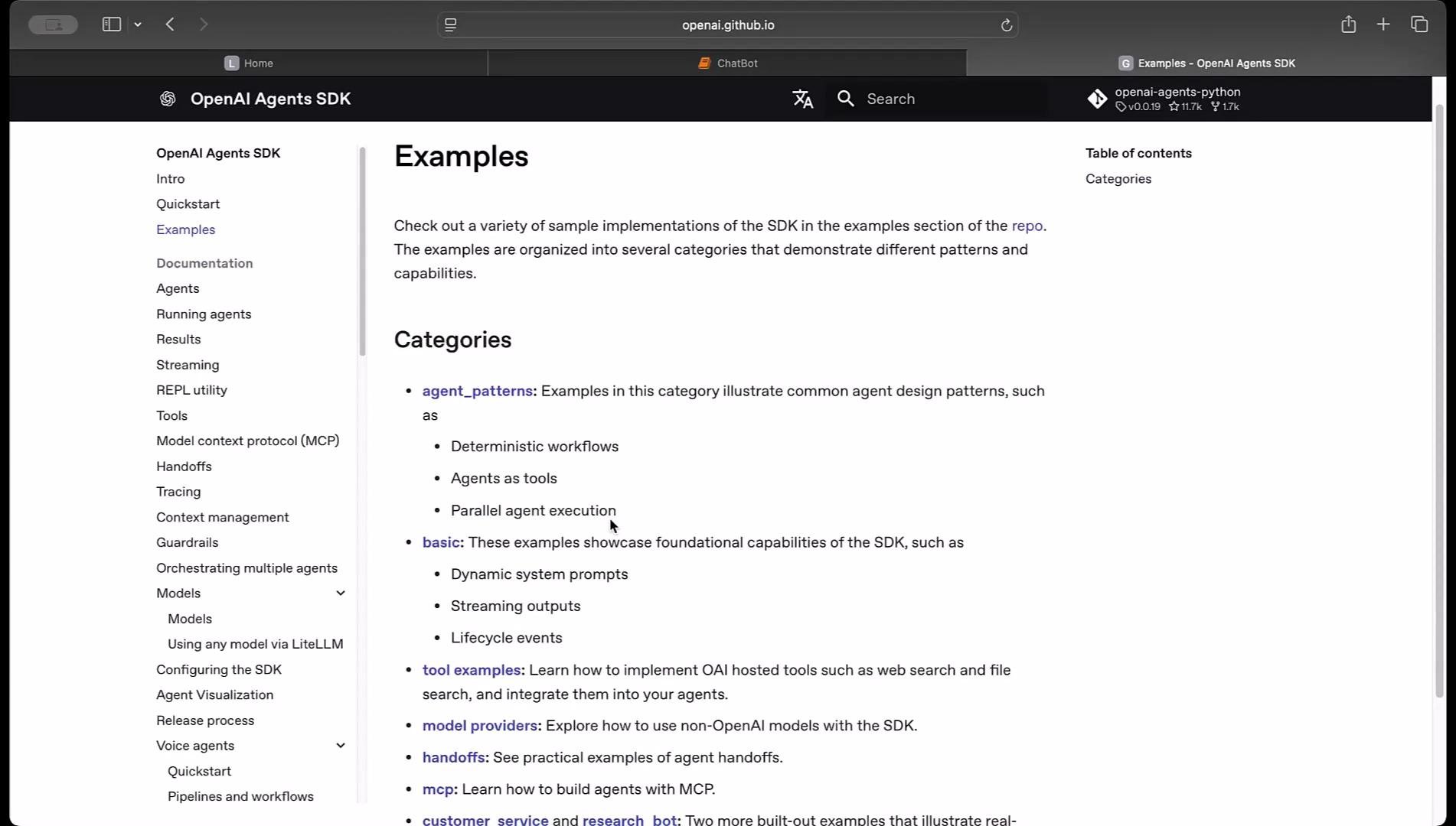 The image shows a webpage from the OpenAI Agents SDK documentation, highlighting example implementations and categories such as agent patterns and basic capabilities.