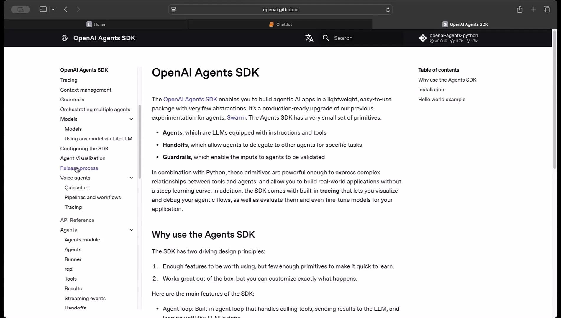 The image shows a webpage titled "OpenAI Agents SDK", detailing the features and usage of the SDK, with navigation options on the left and additional content on the right.