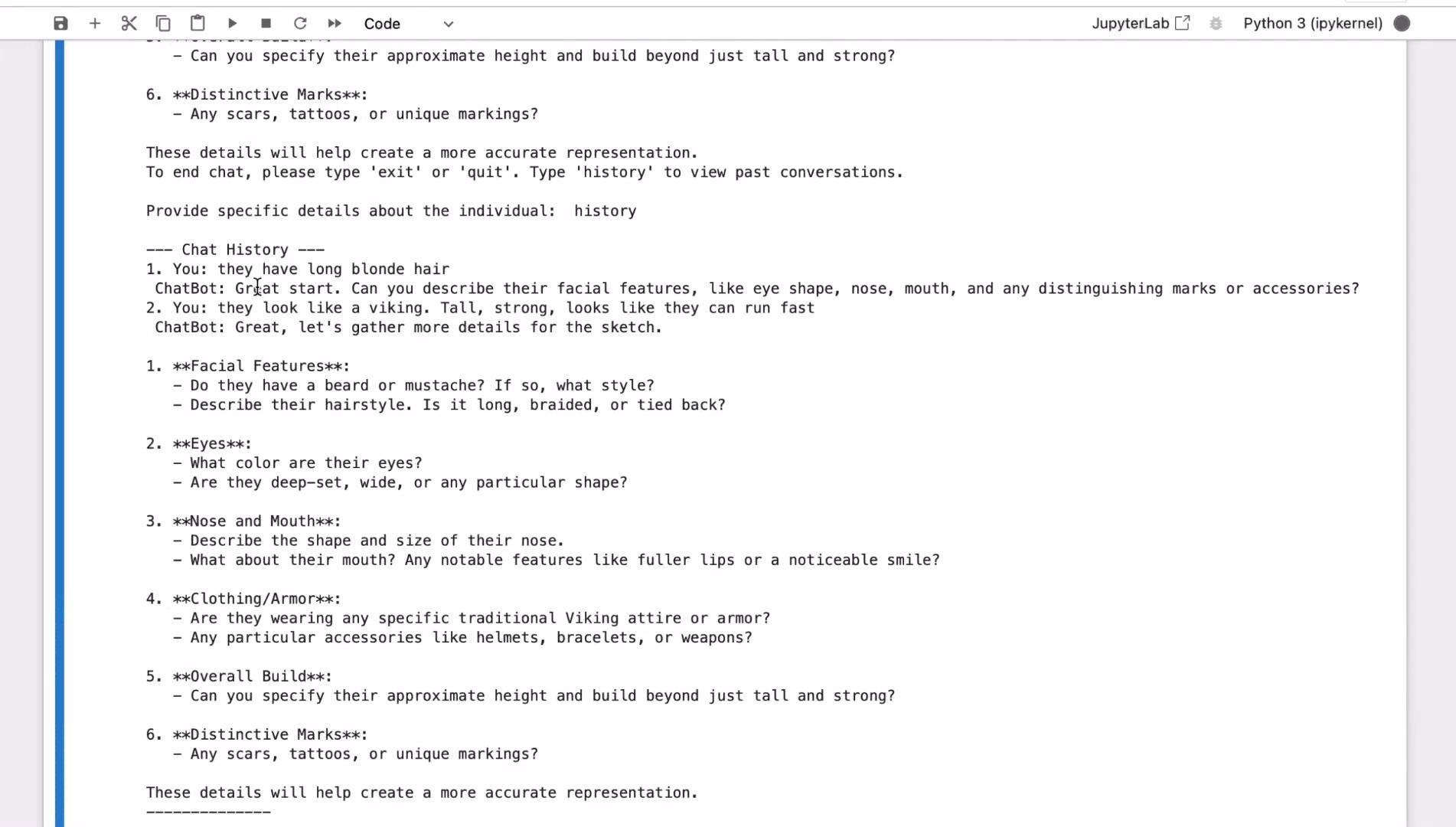 The image shows a chat interface where a user is describing a person who looks like a Viking to a chatbot. The chatbot prompts for details such as facial features, eyes, nose, mouth, clothing, build, and distinctive marks.