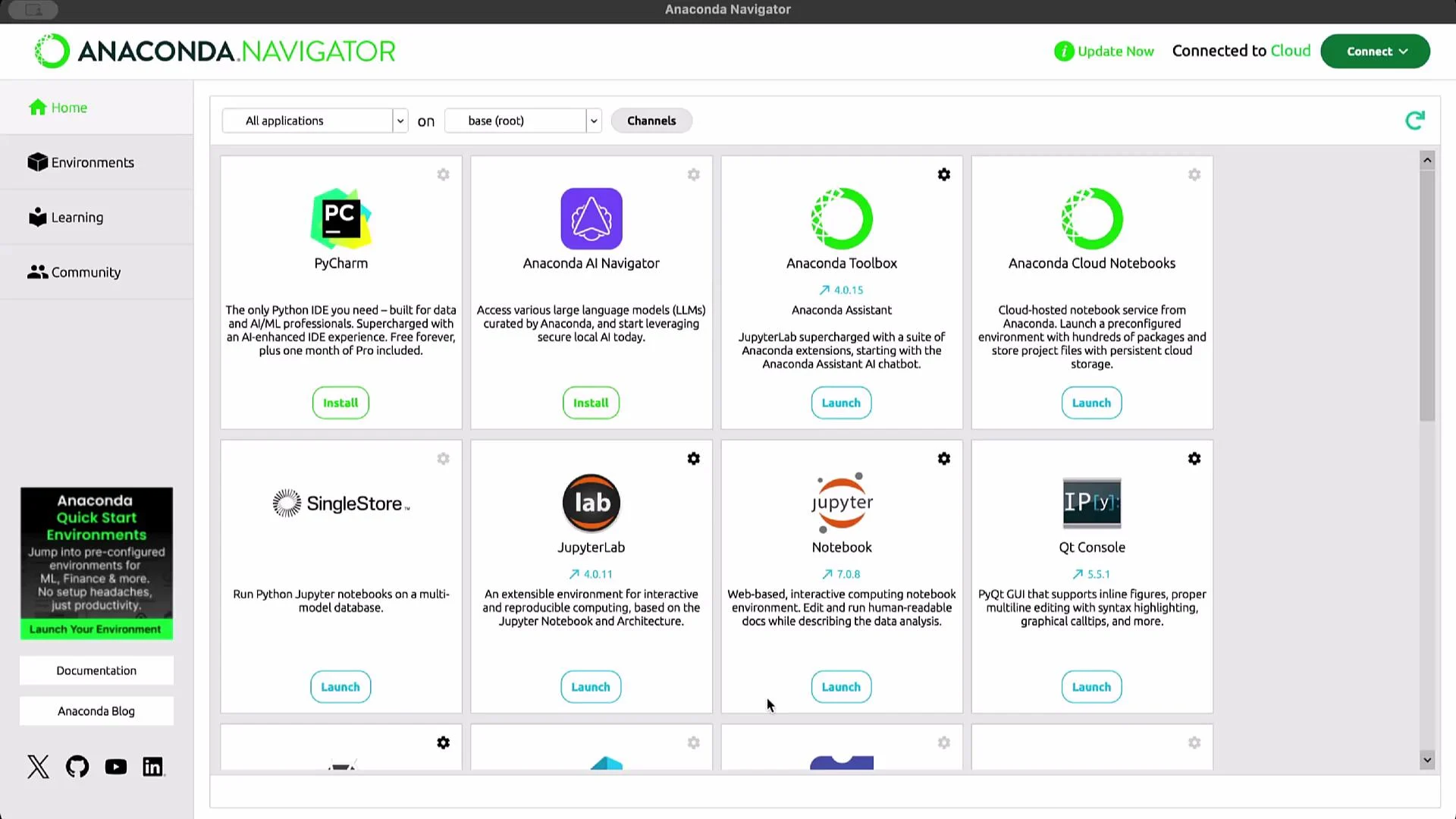 The image shows the Anaconda Navigator interface with various applications listed, such as PyCharm and JupyterLab, displaying options to install or launch them.