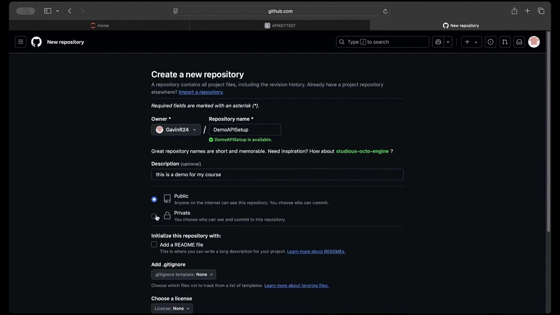 The image shows a GitHub interface for creating a new repository. It features fields for the repository name, description, visibility options, and additional setup choices like adding a README file.