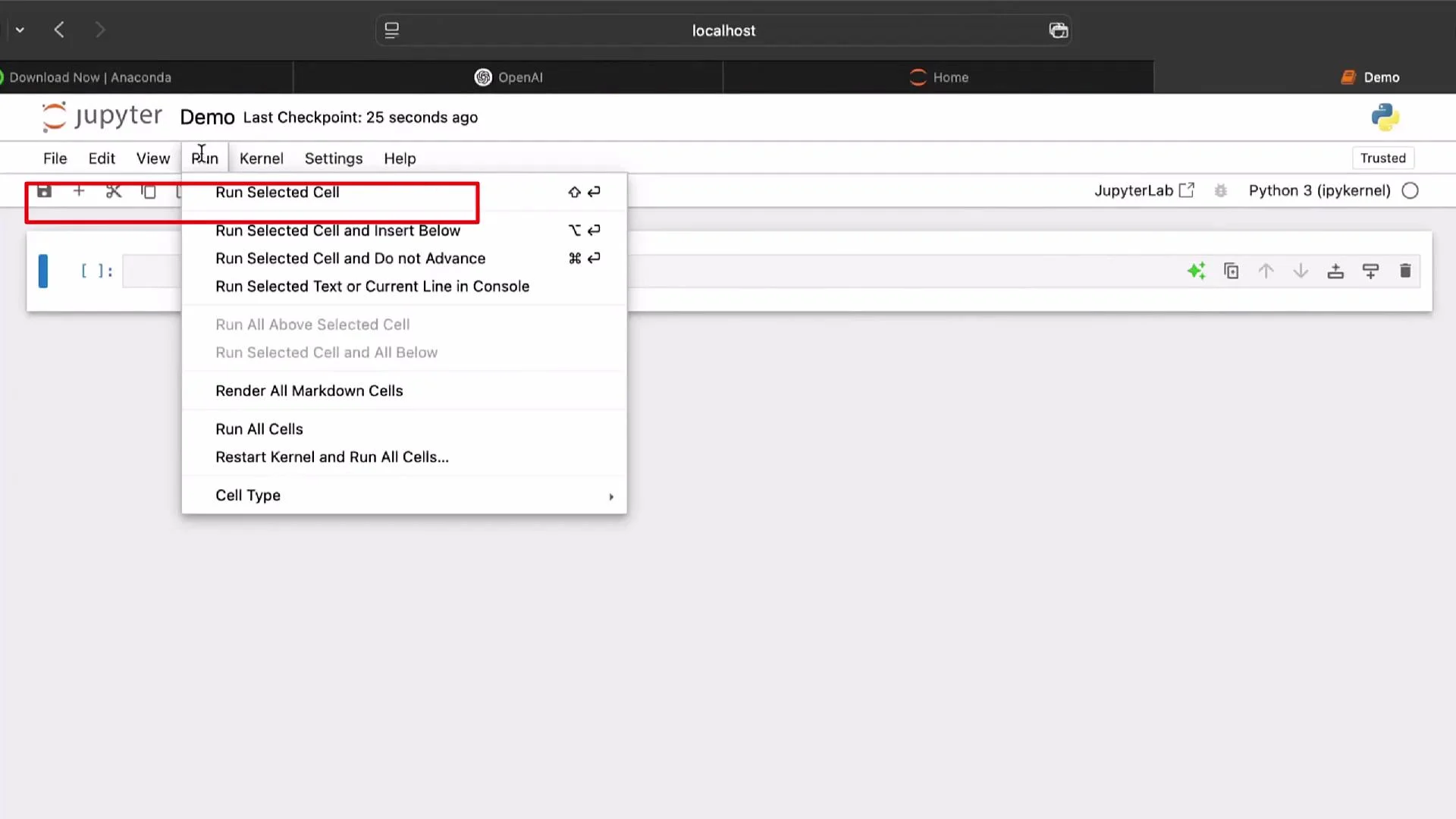 The image shows a Jupyter notebook interface with the "Run" menu open, highlighting the "Run Selected Cell" option.