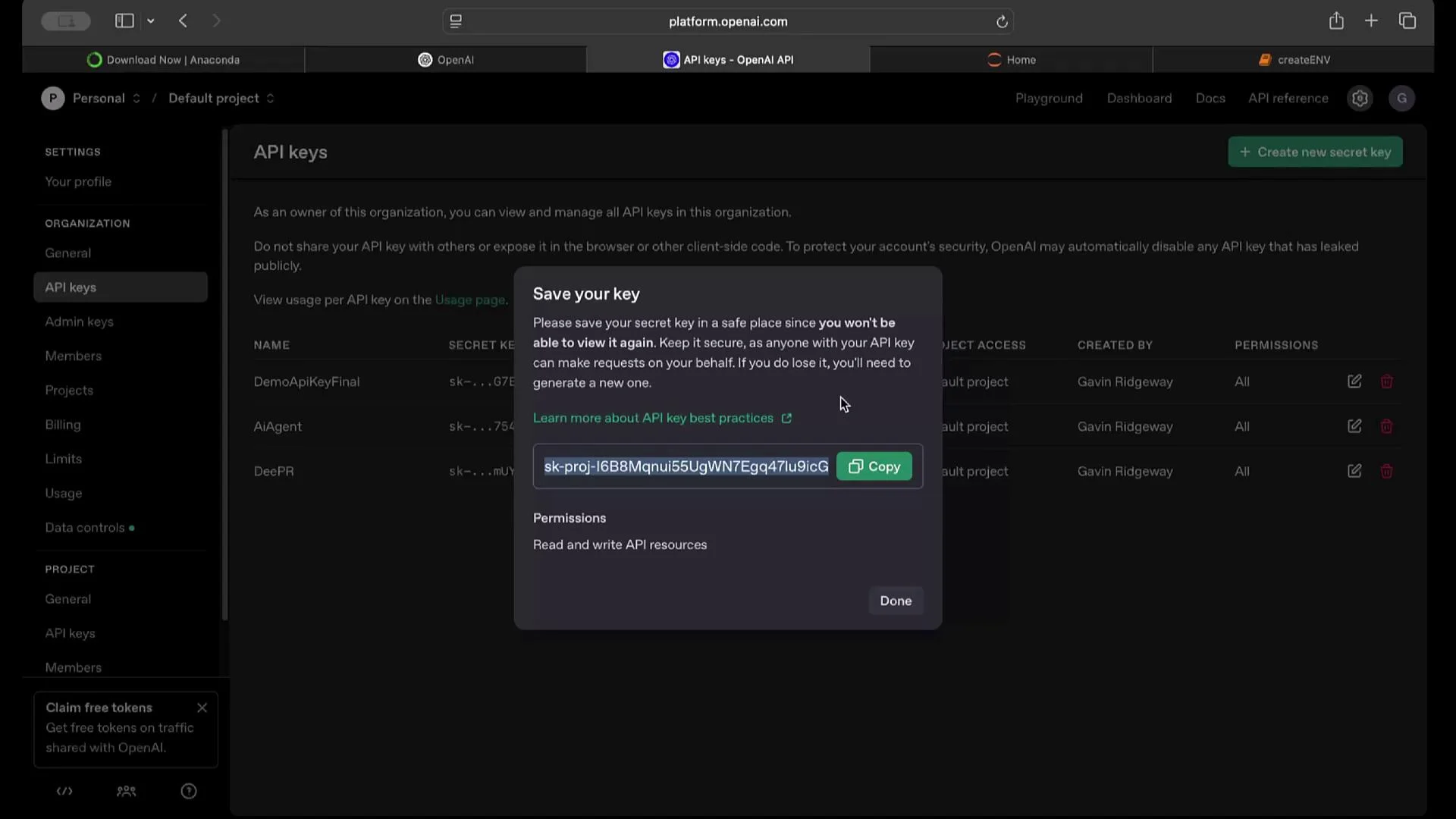 The image shows an API key management interface on the OpenAI platform, displaying a "Save your key" pop-up with an API key and instructions. The background lists several API keys with options to edit or delete them.