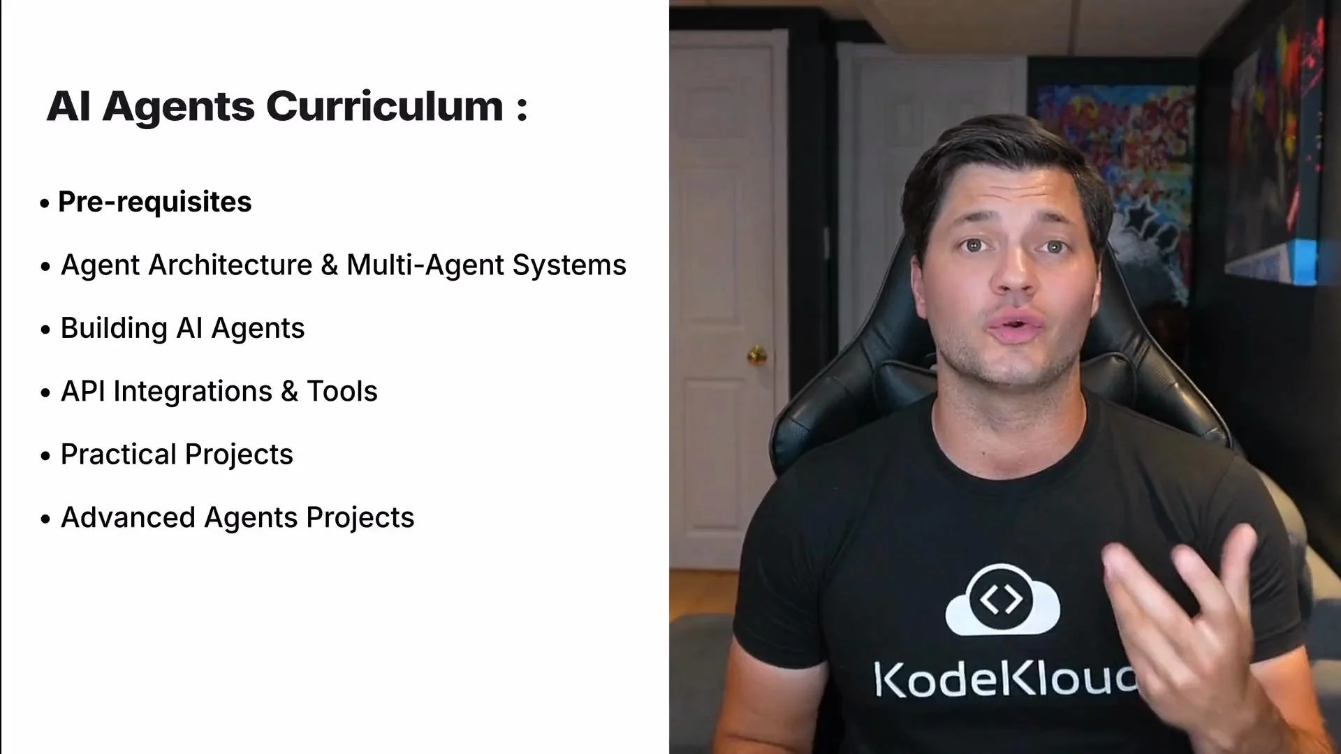 The image shows a slide on an AI Agents Curriculum, listing topics such as prerequisites, agent architecture, and practical projects, alongside a person sitting in a chair with a KodeKloud shirt.