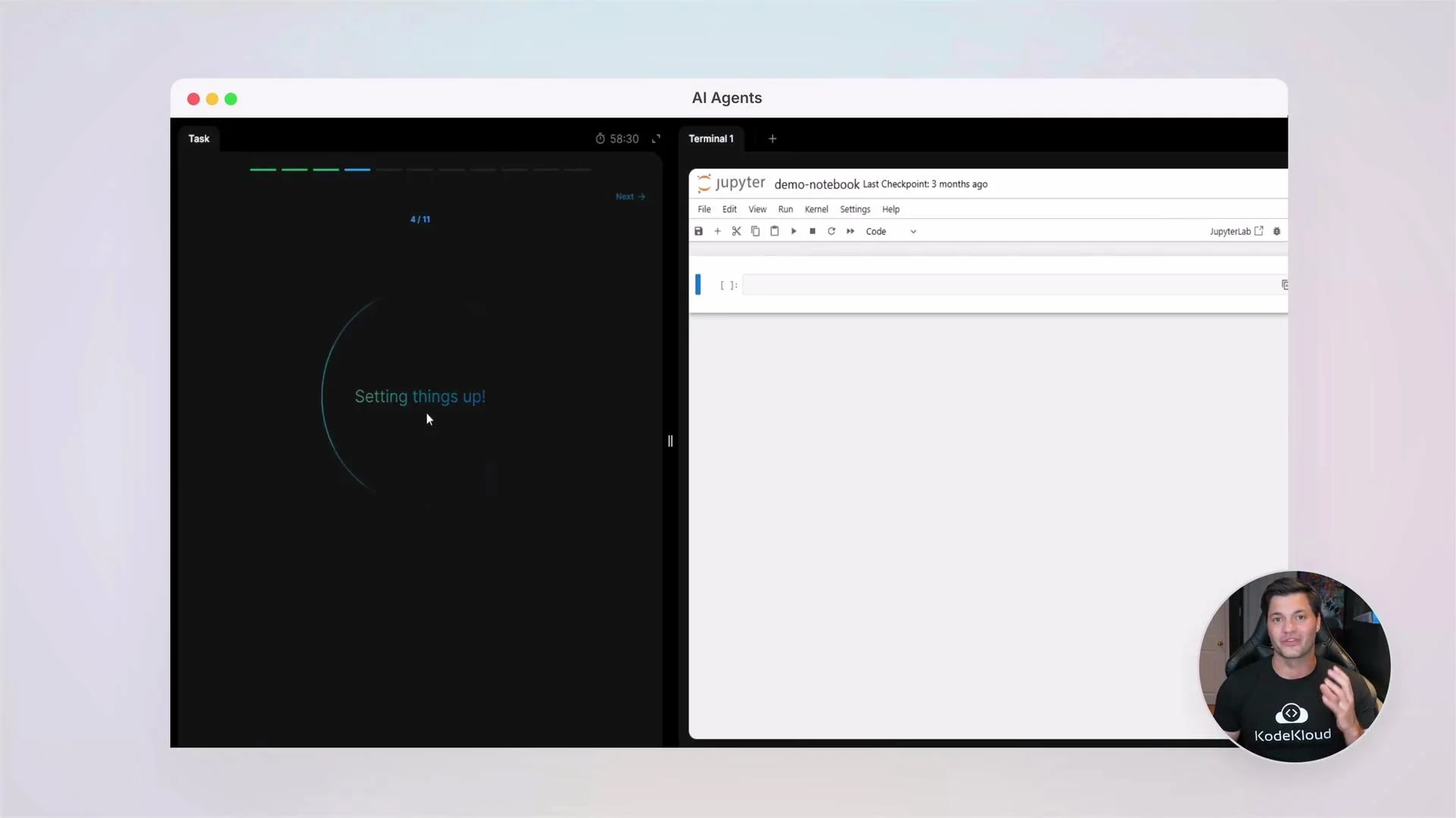 The image shows a split-screen with a setup interface on the left and a Jupyter Notebook on the right, with a person speaking in a small overlay in the bottom right corner.