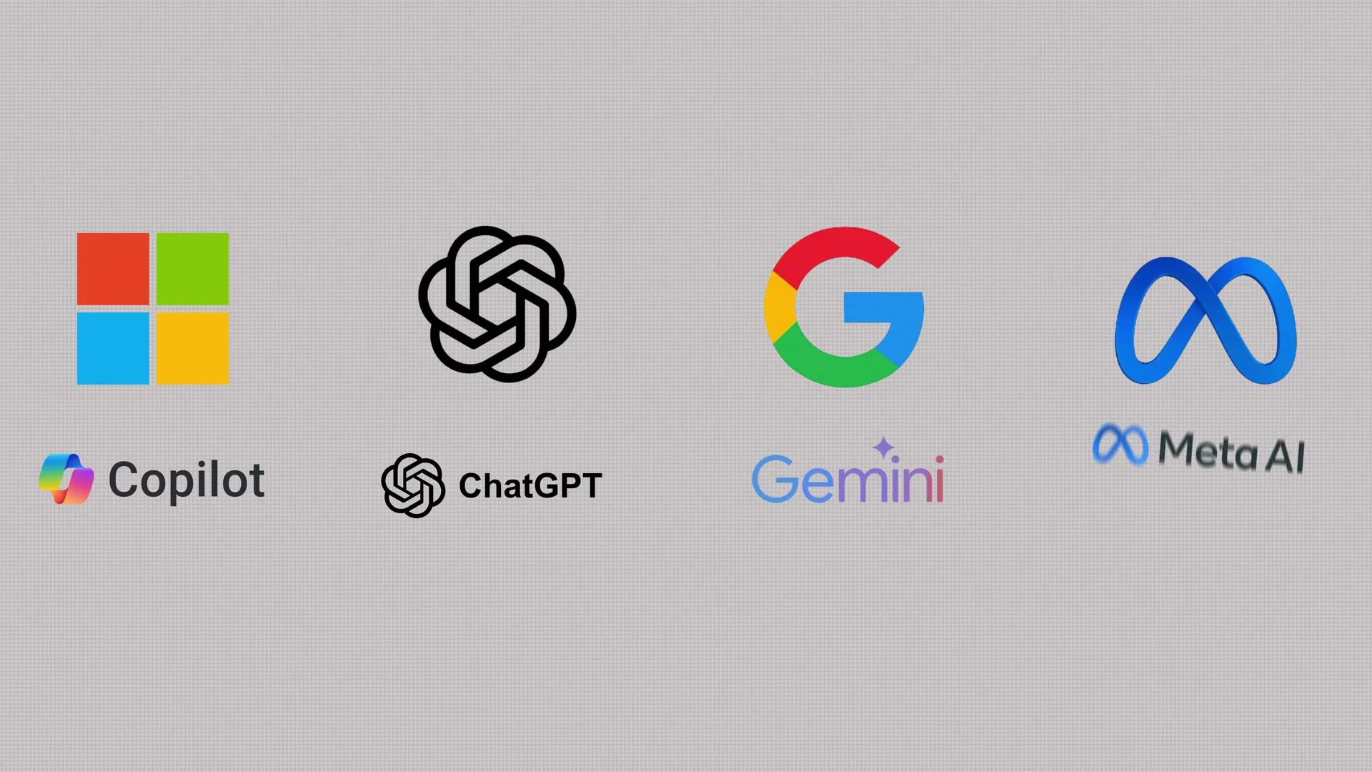 The image displays logos of major tech companies alongside their AI products: Copilot by Microsoft, ChatGPT by OpenAI, Gemini by Google, and Meta AI by Meta.