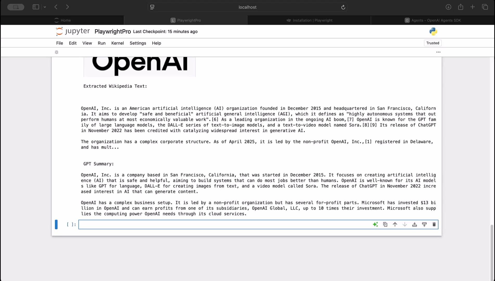 The image shows a Jupyter Notebook interface displaying some text about OpenAI, its AI models, and corporate structure. The content includes an extracted Wikipedia entry and a GPT-generated summary.