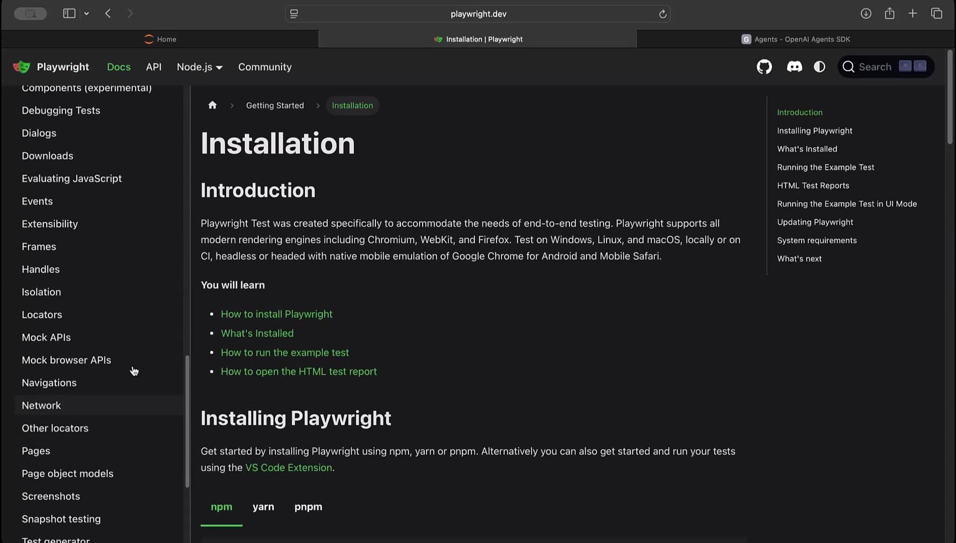This image shows a webpage from the Playwright documentation, specifically the installation page, with sections on how to install Playwright and related learning topics.