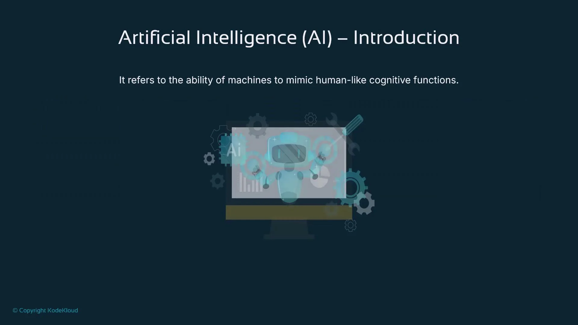 The image is an introduction slide about Artificial Intelligence (AI), describing it as the ability of machines to mimic human-like cognitive functions. It features a graphic of gears and a robot on a computer monitor, symbolizing AI technology.