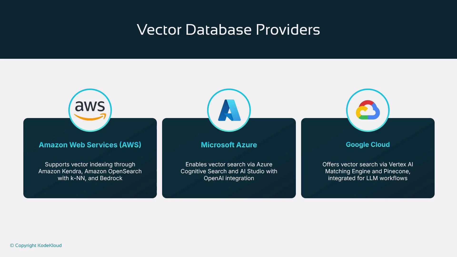 The image lists vector database providers: Amazon Web Services (AWS), Microsoft Azure, and Google Cloud, along with brief descriptions of their services.