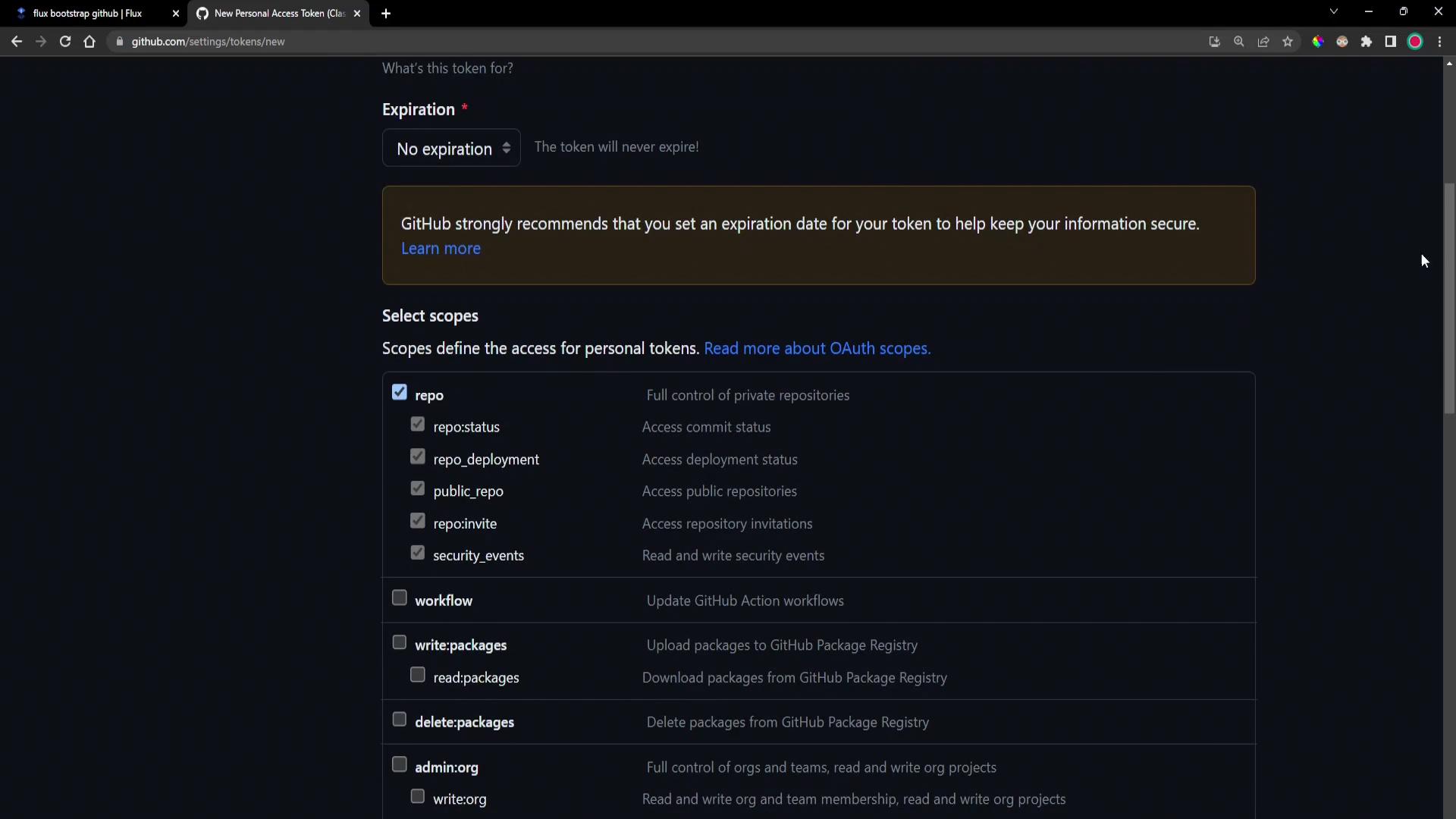 A screenshot of GitHub’s "New Personal Access Token" page in dark mode, showing the Expiration set to "No expiration" and a highlighted recommendation to set an expiry. The OAuth scopes list is visible with "repo" and several repo-related permissions checked.