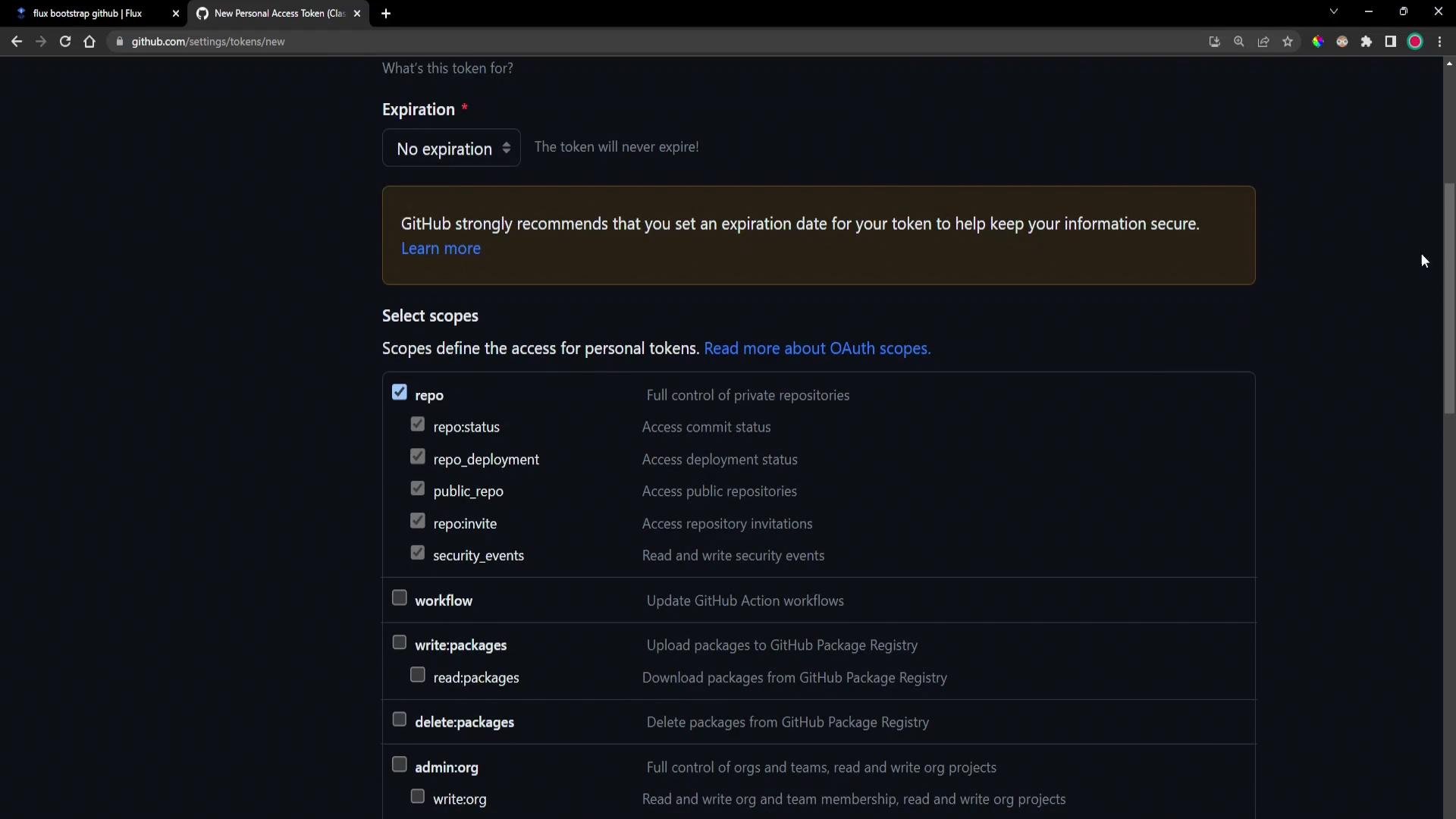 A screenshot of GitHub’s "New Personal Access Token" page in dark mode, showing the Expiration set to "No expiration" and a highlighted recommendation to set an expiry. The OAuth scopes list is visible with "repo" and several repo-related permissions checked.