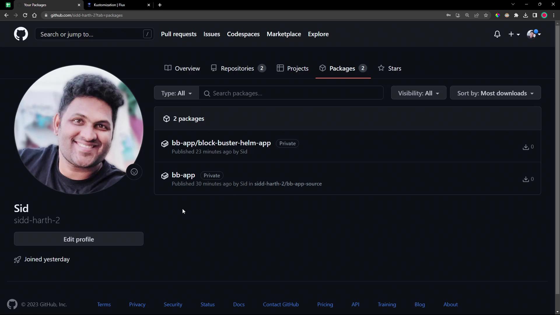 A GitHub user profile/packages page in dark mode with a large circular avatar on the left and a list of two private packages on the right. The avatar shows a smiling person.