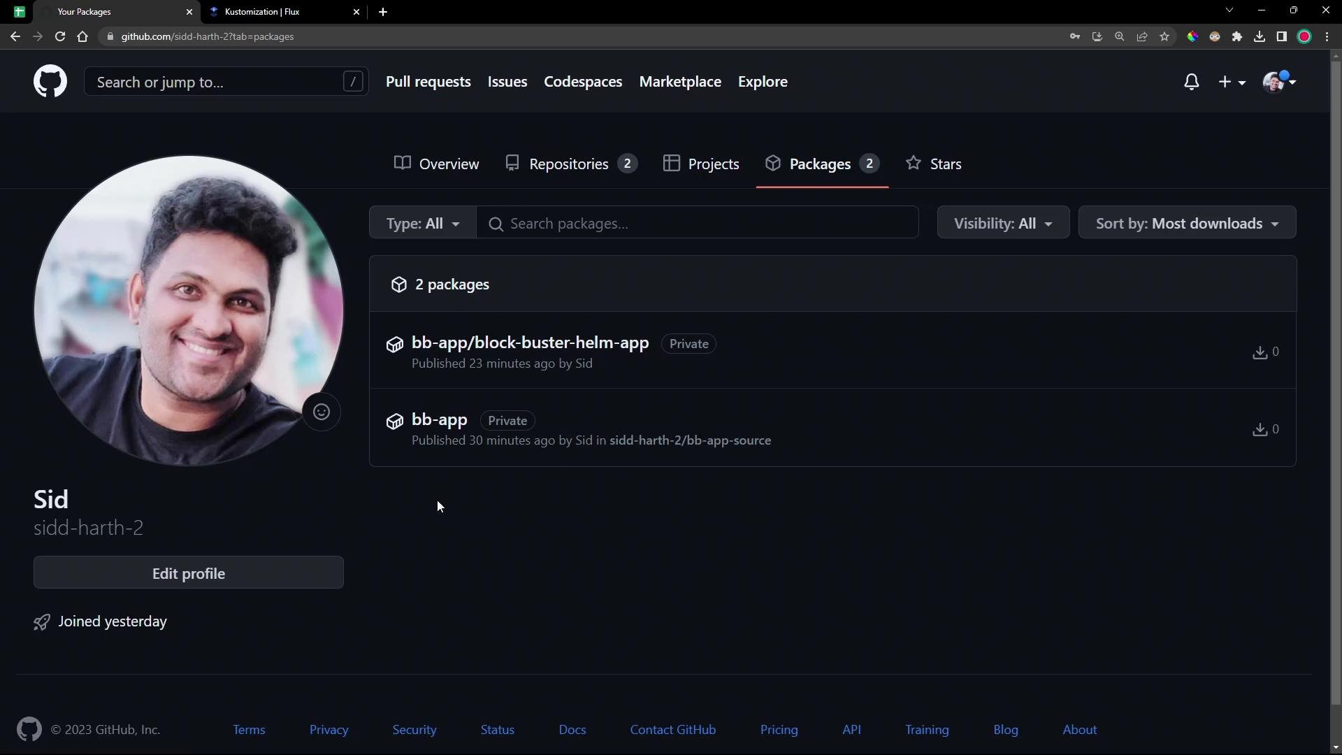 A GitHub user profile/packages page in dark mode with a large circular avatar on the left and a list of two private packages on the right. The avatar shows a smiling person.