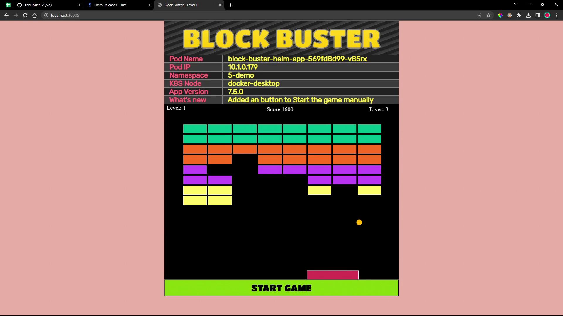 A webpage showing a "BLOCK BUSTER" breakout-style game with colored bricks, a paddle and ball, and a "START GAME" button at the bottom. The header panel above the game displays pod/app info (Pod Name, Pod IP, Namespace, App Version) along with the current Level, Score (1600) and Lives.