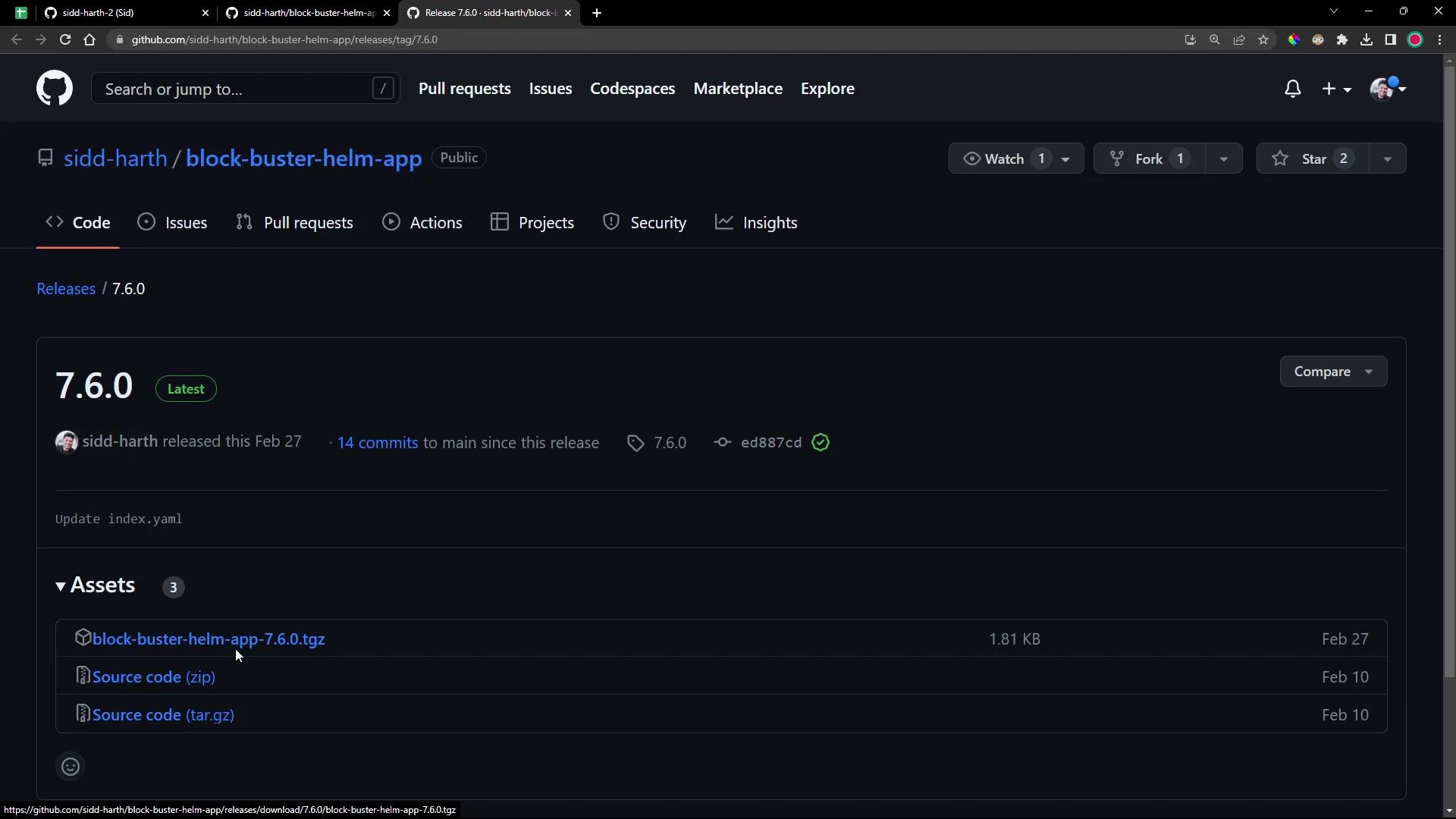 A dark‑theme GitHub releases page for the repository "sidd-harth/block-buster-helm-app" showing the 7.6.0 release. The page lists assets including a block-buster-helm-app-7.6.0.tgz and source code archives.