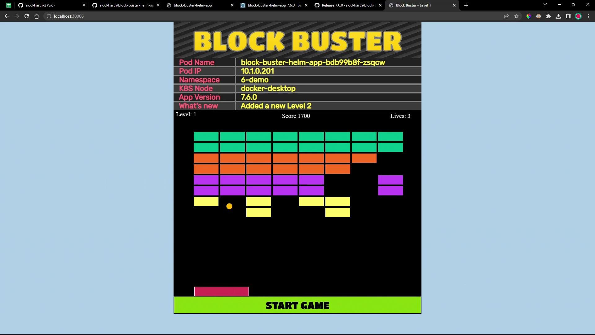 A colorful "BLOCK BUSTER" arcade-style Breakout screen showing rows of colored bricks, a paddle and a ball. The top panel displays pod/app info (Pod Name, Pod IP, Namespace, K8S Node, App Version) with level, score and lives, and a "START GAME" button at the bottom.