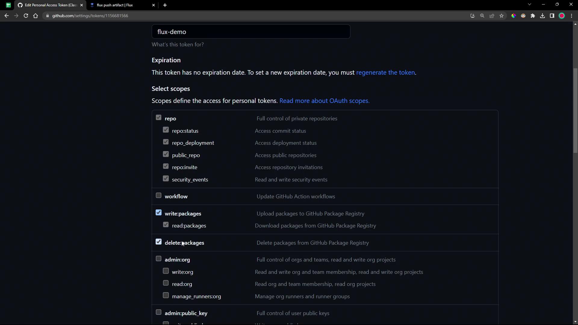 A screenshot of the GitHub Personal Access Token settings page showing a token named "flux-demo" with selected scopes like repo, write:packages, and delete:packages. The page notes the token has no expiration date and displays multiple checkbox options for OAuth scopes.