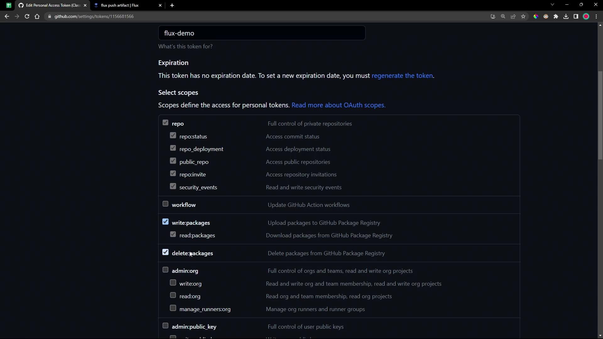 A screenshot of the GitHub Personal Access Token settings page showing a token named "flux-demo" with selected scopes like repo, write:packages, and delete:packages. The page notes the token has no expiration date and displays multiple checkbox options for OAuth scopes.