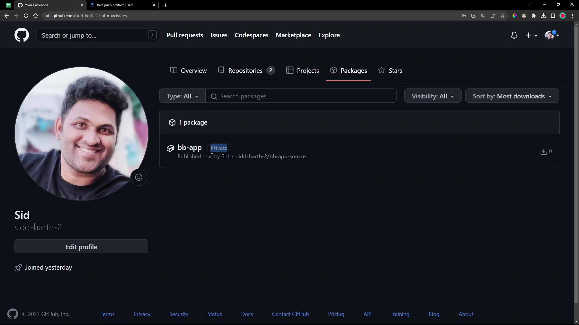 A GitHub user profile page with a large circular avatar showing a smiling man. The page's Packages tab is open, listing one private package named "bb-app."