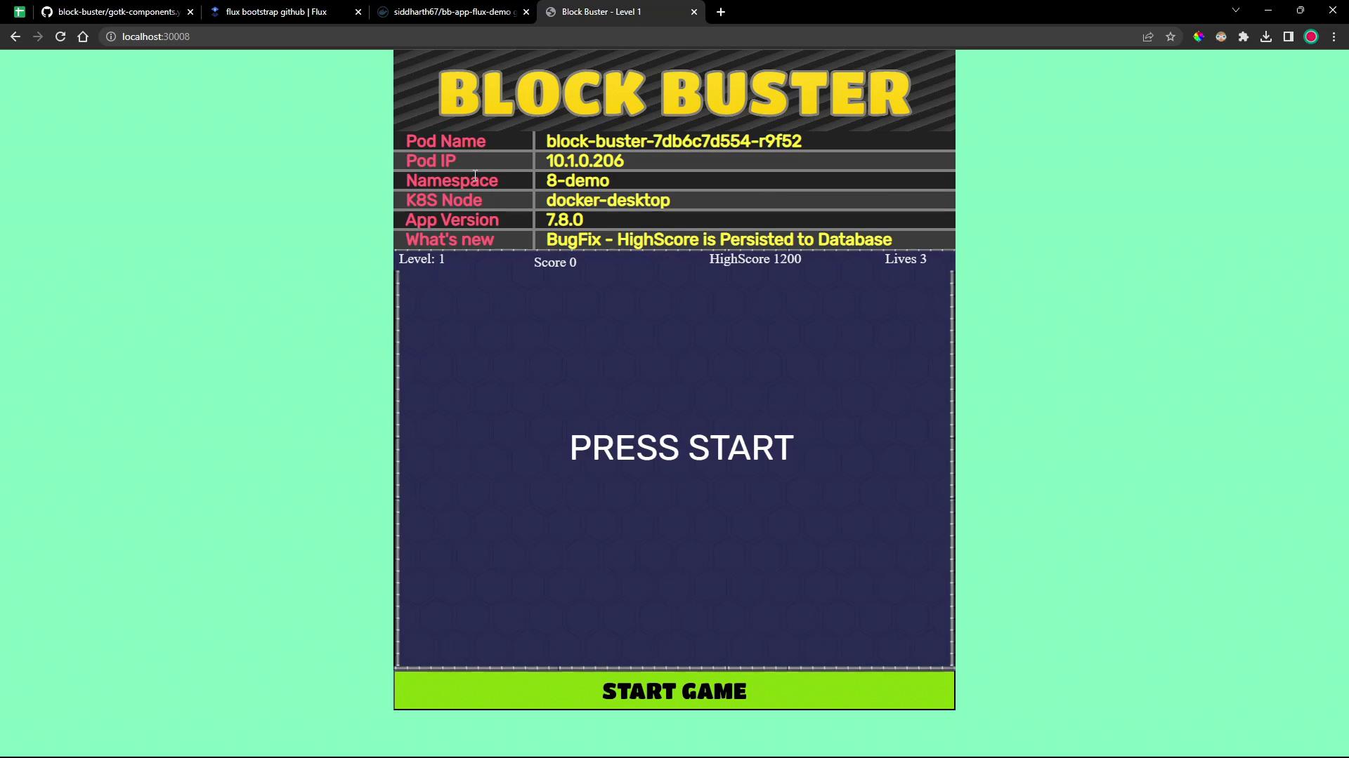 A screenshot of a web-based game titled "BLOCK BUSTER" showing deployment info at the top (pod name, IP, namespace, node, app version) and a large dark play area with "PRESS START" in the center and a green "START GAME" button at the bottom.