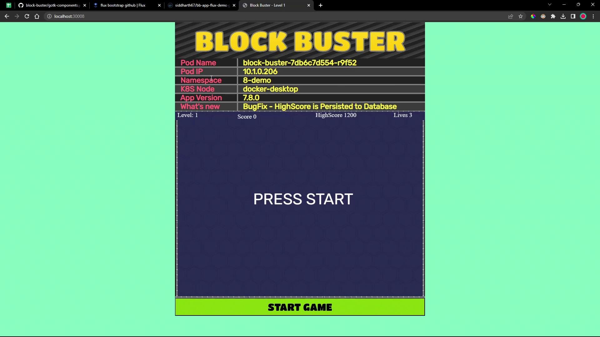 A screenshot of a web-based game titled "BLOCK BUSTER" showing deployment info at the top (pod name, IP, namespace, node, app version) and a large dark play area with "PRESS START" in the center and a green "START GAME" button at the bottom.