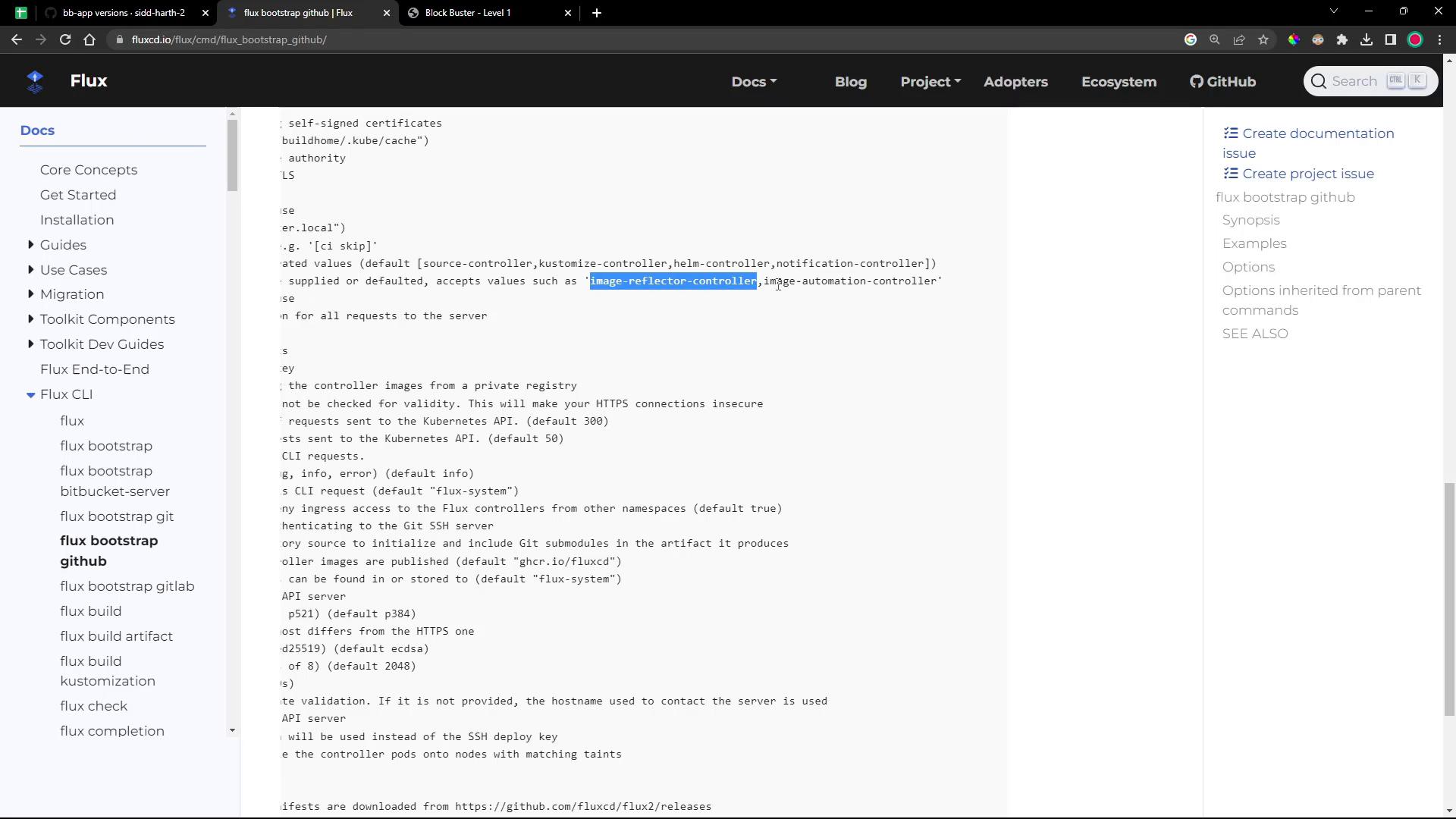 A screenshot of the Flux documentation site in a browser, with the left navigation menu visible and the main content showing options/code text where "image-reflector-controller" is highlighted.