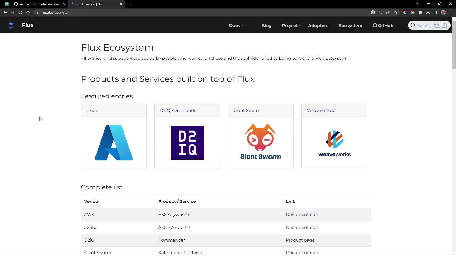 A screenshot of the "Flux Ecosystem" webpage showing "Products and Services built on top of Flux" with featured entries (Azure, D2iQ Kommander, Giant Swarm, Weave GitOps) and their logos. Below is a table listing vendors, products/services, and links.