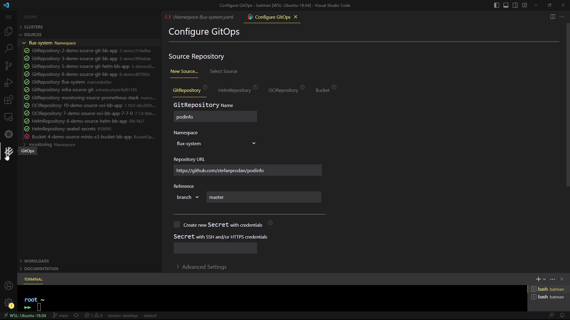 A Visual Studio Code screenshot showing the "Configure GitOps" panel for adding a GitRepository named "podinfo" with the repository URL github.com/stefanprodan/podinfo. The left sidebar lists GitOps resources and a terminal is visible at the bottom.