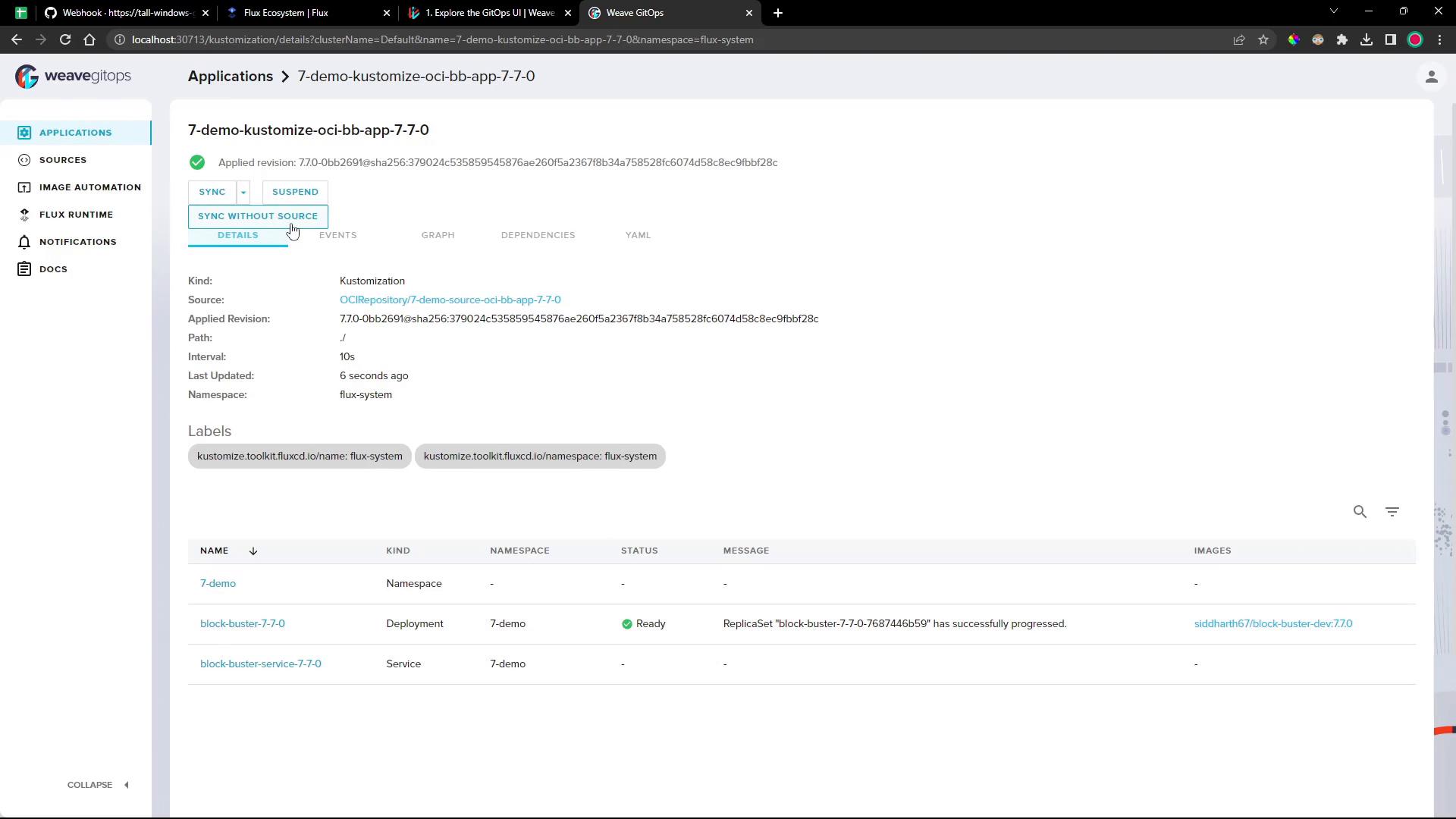 A screenshot of the Weave GitOps (Flux) web UI showing the details for the application "7-demo-kustomize-oci-bb-app-7-7-0," including sync controls, source/revision info, and labels. Below is a resource list showing a Deployment "block-buster-7-7-0" marked Ready.