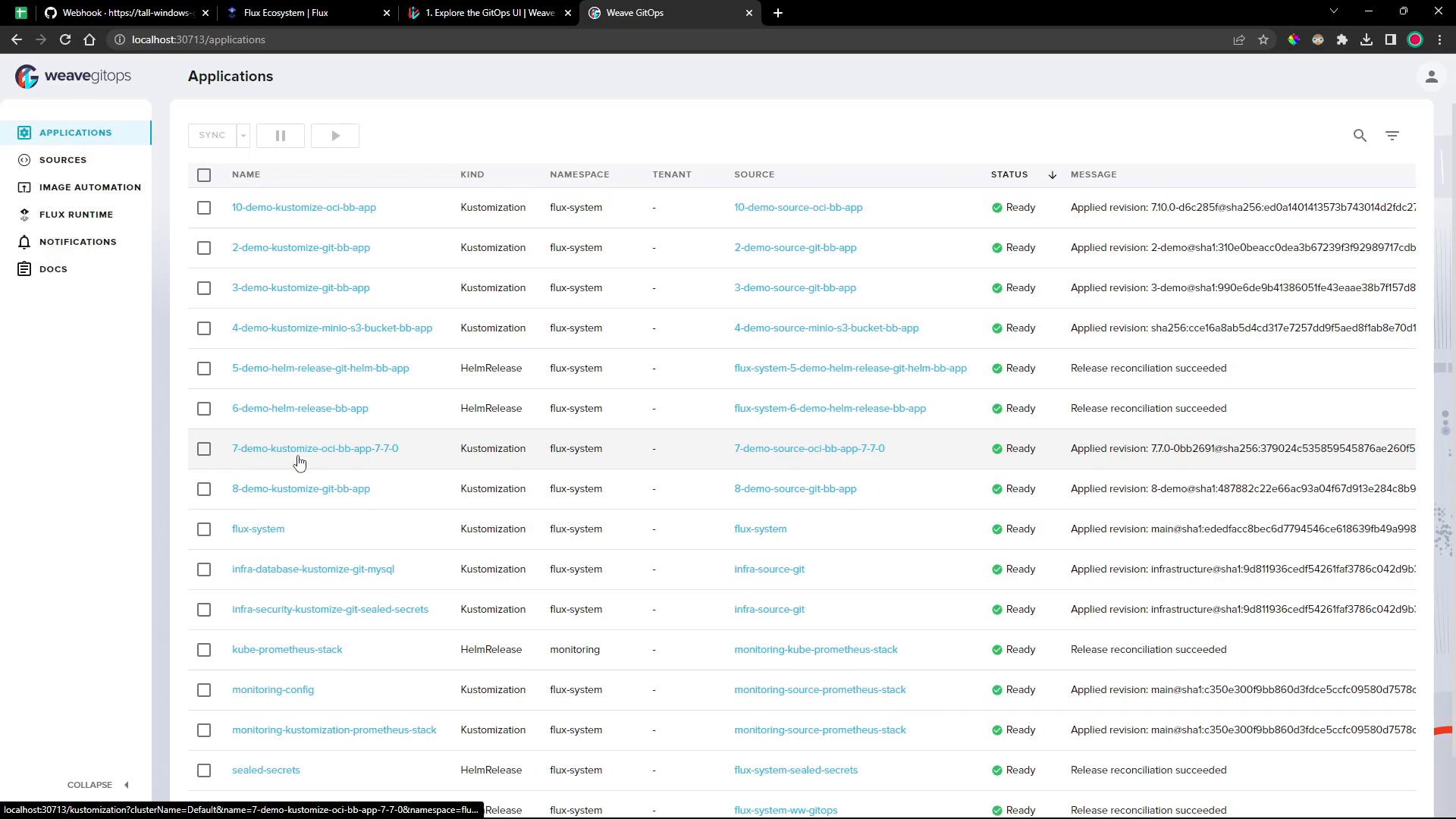 A screenshot of the Weave GitOps web UI showing an "Applications" list with rows for various Kubernetes apps (names, kind, namespace, source) and status indicators showing "Ready." The left sidebar shows navigation items like Applications, Sources, Image Automation, and Flux Runtime.