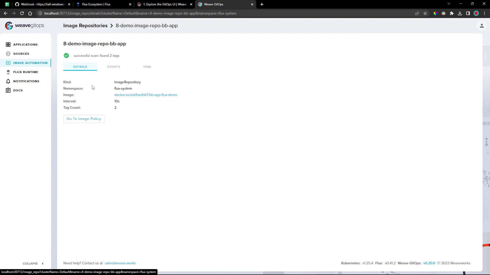 A Weave GitOps dashboard screenshot showing the Image Repositories details page for "8-demo-image-repo-bb-app" with a green "successful scan: found 2 tags" indicator. It lists namespace "flux-system", image "docker.io/siddharth67/bb-app-flux-demo", interval "10s", and tag count "2".