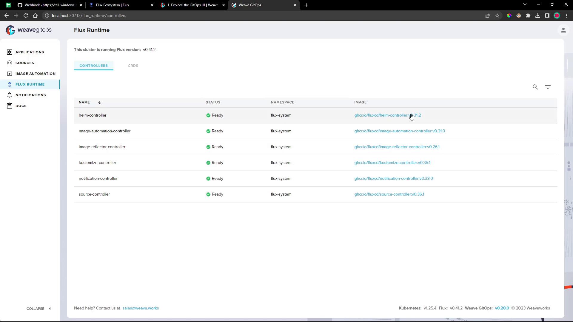 A screenshot of the Weave GitOps (Flux Runtime) web UI showing a table of Flux controllers (helm-controller, image-automation-controller, etc.) with their "Ready" status, namespace (flux-system) and image versions.