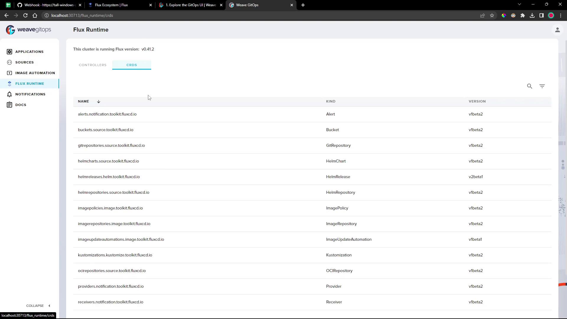 A screenshot of the Weave GitOps web UI on the "Flux Runtime" page showing a table of Flux CRDs with columns for name, kind, and version. The left sidebar shows navigation items like Applications, Sources, Image Automation, and Flux Runtime.