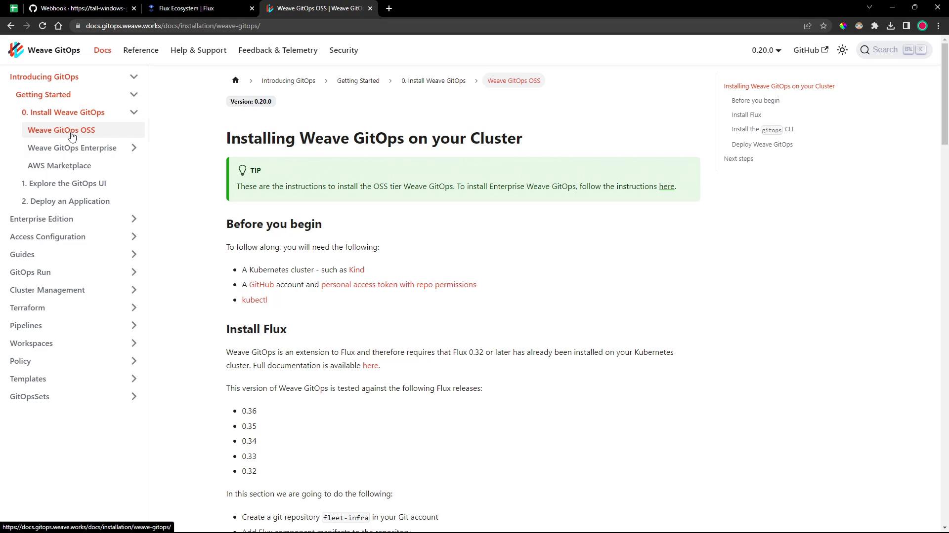 A browser screenshot of the Weave GitOps documentation page titled "Installing Weave GitOps on your Cluster," showing a left-hand navigation menu and main content listing prerequisites and instructions (including installing Flux). The page header shows version 0.20.0 and a green "TIP" box near the top.