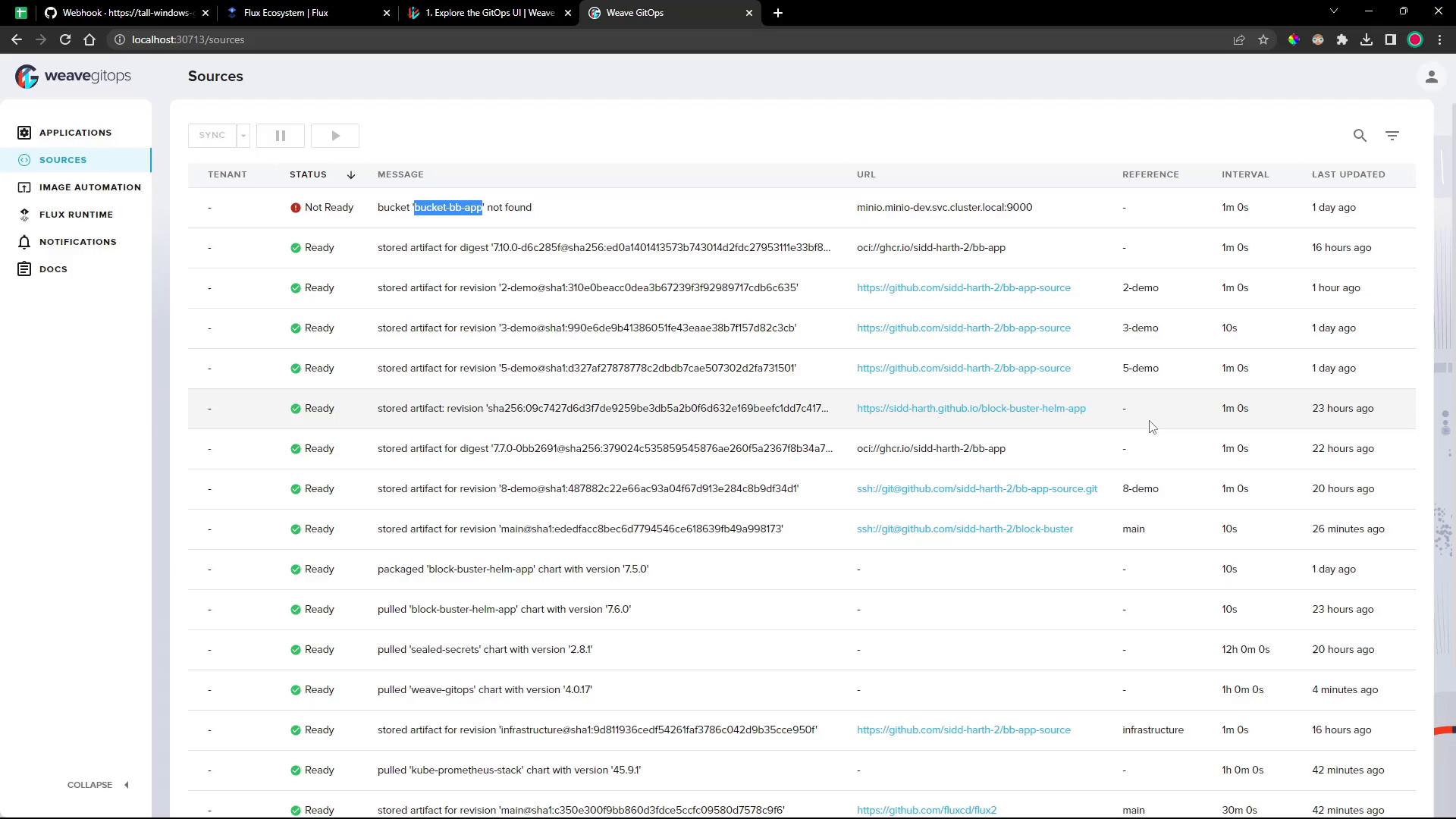 A screenshot of the Weave GitOps "Sources" dashboard showing a table of source entries with statuses (Ready/Not Ready), messages, URLs, intervals, and last-updated timestamps. A left sidebar shows navigation items like Applications, Sources, Image Automation, Flux Runtime, Notifications, and Docs.