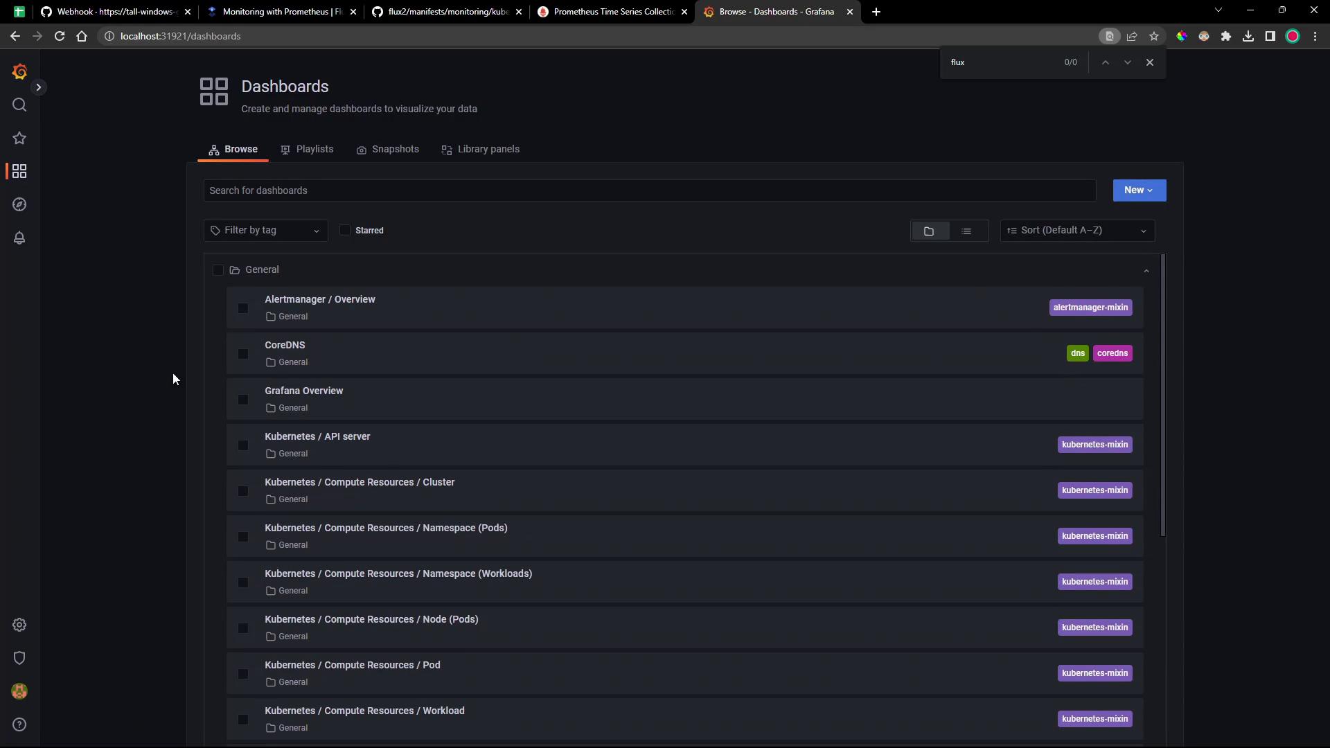 A dark-themed Grafana dashboard browse page showing a list of monitoring dashboards (Alertmanager, CoreDNS, Grafana Overview, various Kubernetes dashboards) with tags and search/filter controls. The screenshot displays the sidebar and a scrollable list of dashboard entries.
