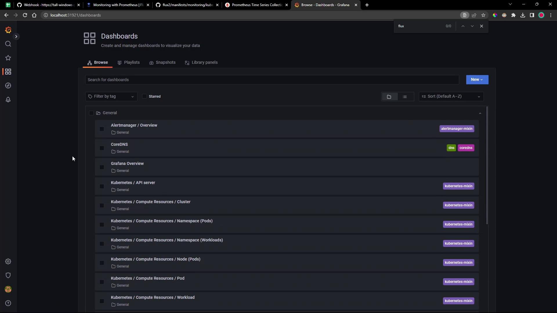 A dark-themed Grafana dashboard browse page showing a list of monitoring dashboards (Alertmanager, CoreDNS, Grafana Overview, various Kubernetes dashboards) with tags and search/filter controls. The screenshot displays the sidebar and a scrollable list of dashboard entries.