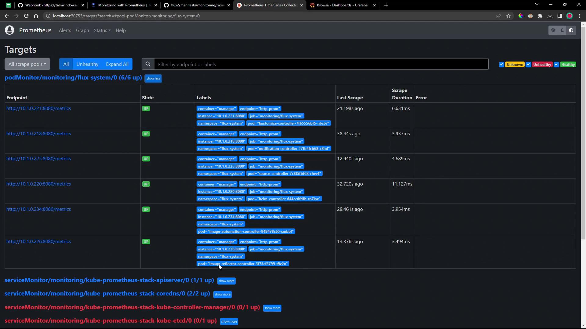 A screenshot of the Prometheus "Targets" page showing multiple monitoring endpoints (podMonitor/monitoring/flux-system) with their state (mostly "UP"), labels, last scrape times and scrape durations. The lower area lists serviceMonitors with colored up/down statuses for various kube-prometheus components.