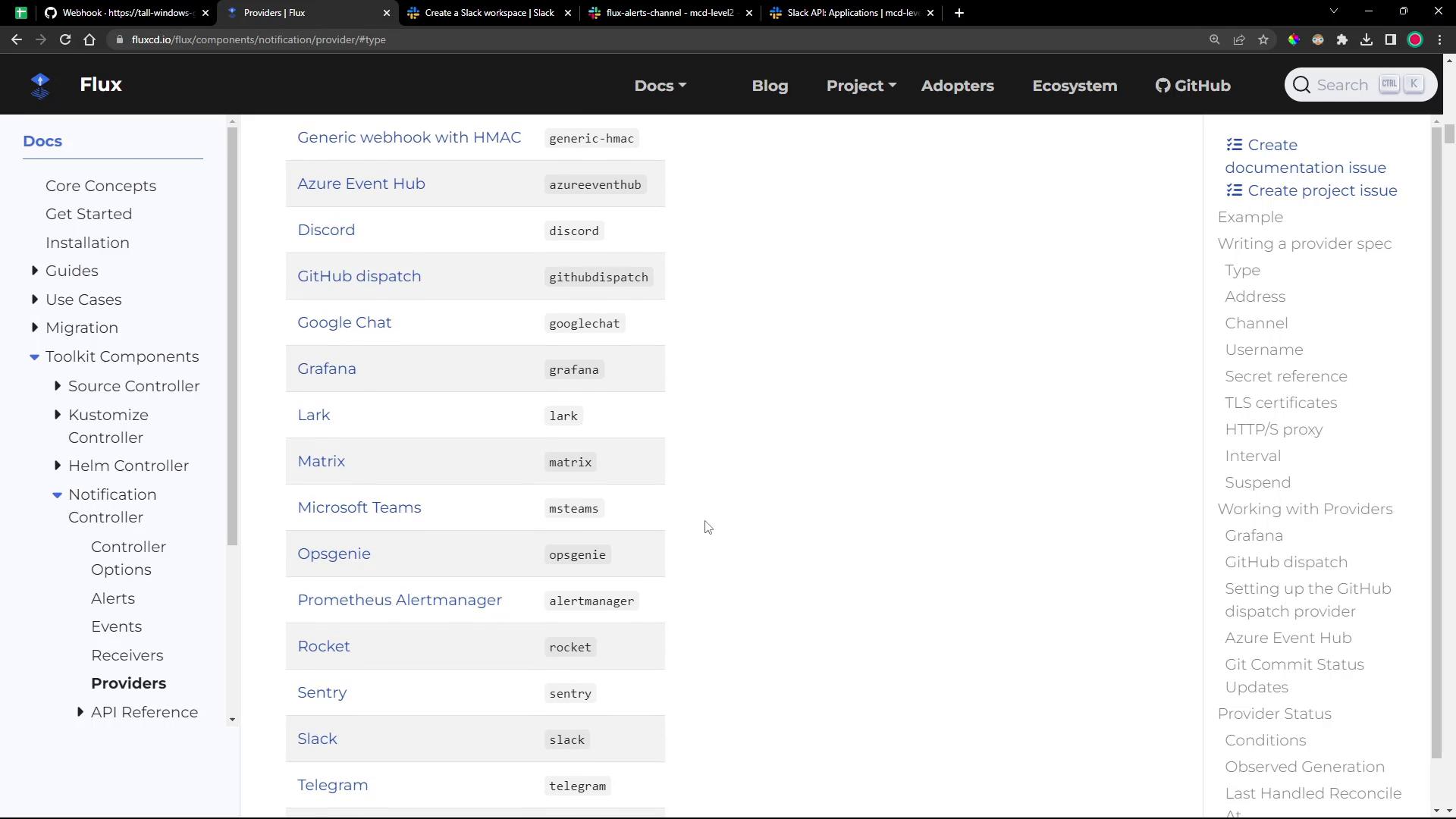 A screenshot of the Flux documentation page showing a list of notification providers (e.g., Azure Event Hub, Discord, GitHub dispatch, Google Chat, Grafana, Microsoft Teams, Slack, Telegram) with a left-hand navigation menu. The top black header shows the Flux logo and site navigation.