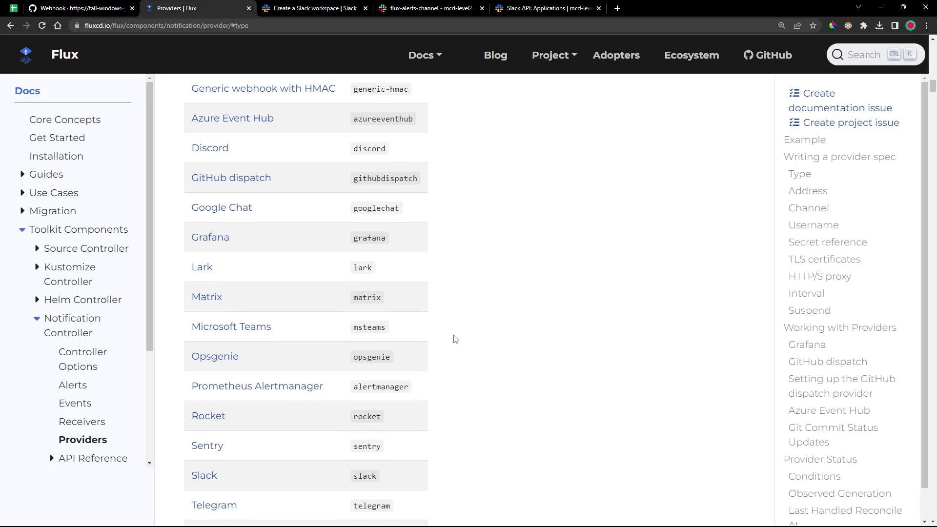 A screenshot of the Flux documentation page showing a list of notification providers (e.g., Azure Event Hub, Discord, GitHub dispatch, Google Chat, Grafana, Microsoft Teams, Slack, Telegram) with a left-hand navigation menu. The top black header shows the Flux logo and site navigation.