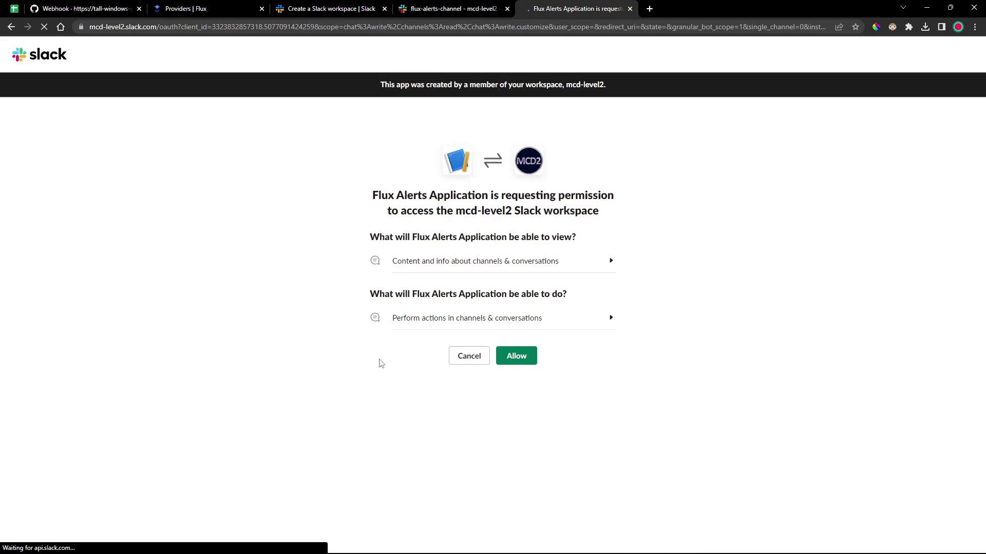 A Slack authorization screen showing the "Flux Alerts Application" requesting permission to access the mcd-level2 workspace. It lists what the app can view and do and shows "Cancel" and "Allow" buttons.