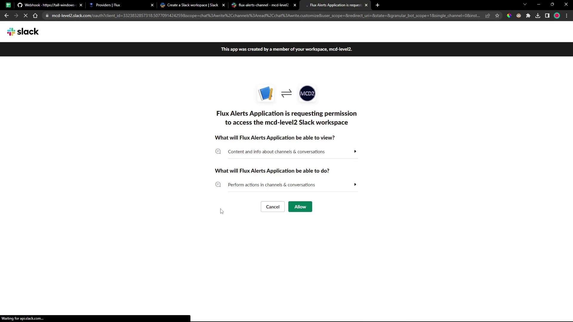 A Slack authorization screen showing the "Flux Alerts Application" requesting permission to access the mcd-level2 workspace. It lists what the app can view and do and shows "Cancel" and "Allow" buttons.